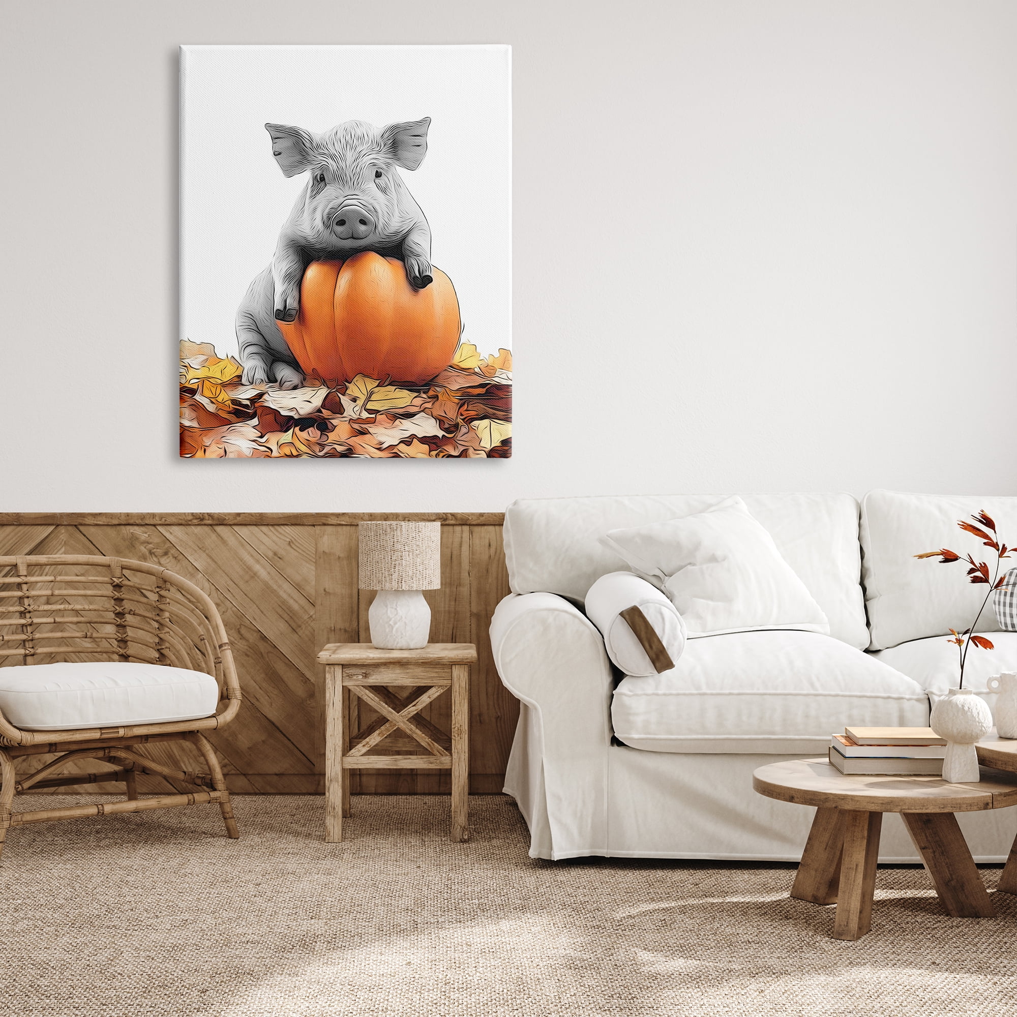 Stupell Industries Pig & Autumn Leaves Holiday Painting Gallery Wrapped Canvas Art Print Wall Art, 36 x 48