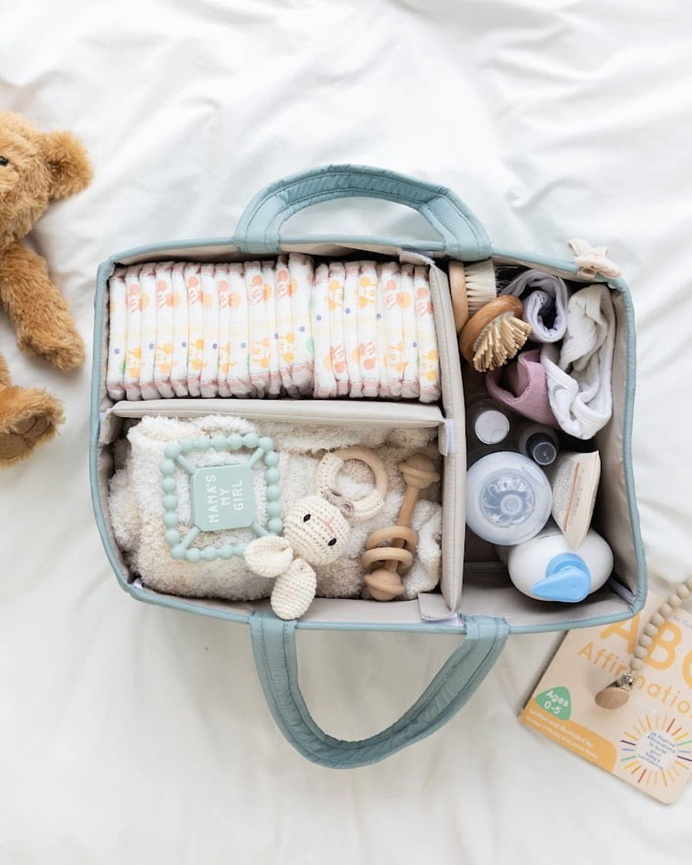 Lily Miles Baby Diaper Caddy Organizer, Quilted Nursery Storage Basket, Portable Changing Station Organizer, Willow Green