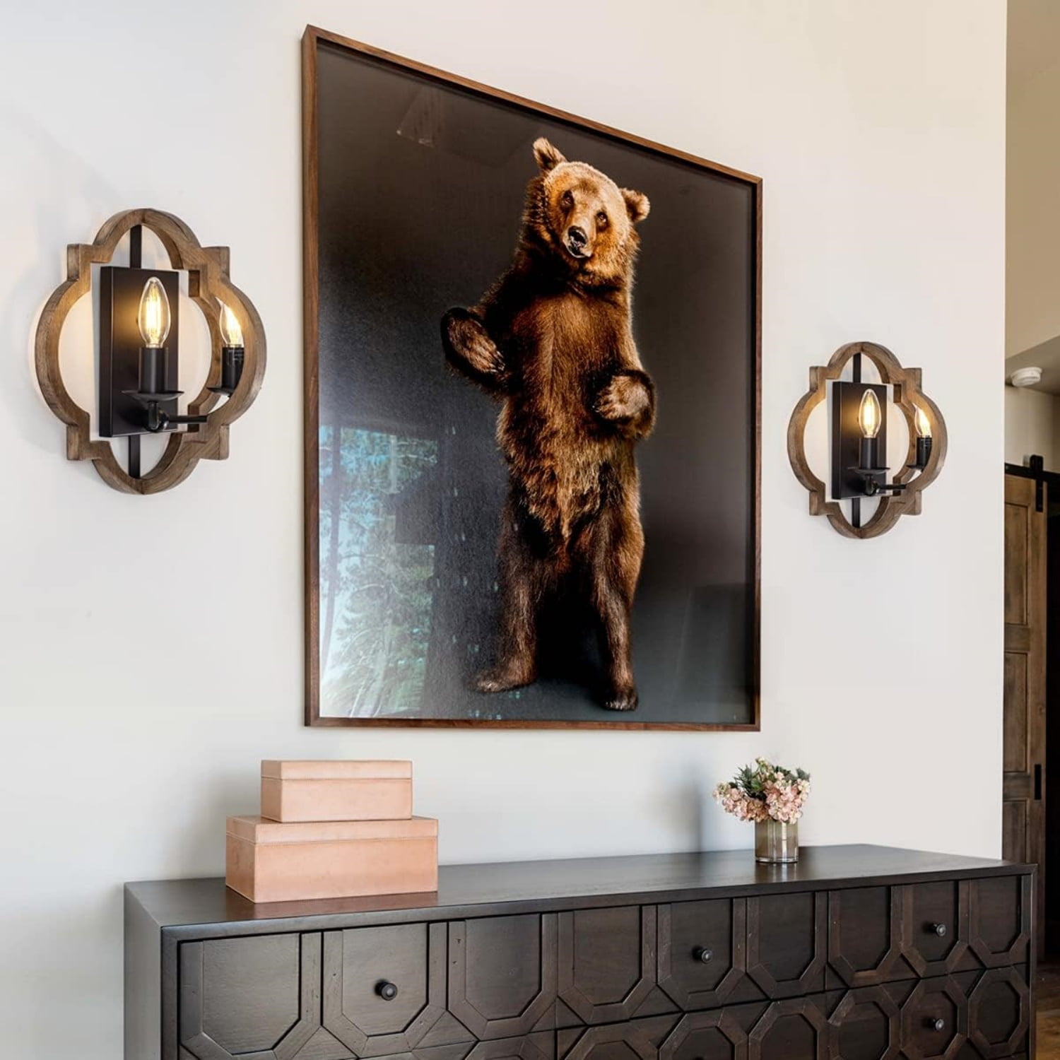 Wood Wall Sconces Retro Industrial Wall Light Farmhouse Geometric Bedside Wall Lamps Fixture Black Wall Mount Sconces for Bedroom, Hallway, Entryway, Passway, 2 Pack