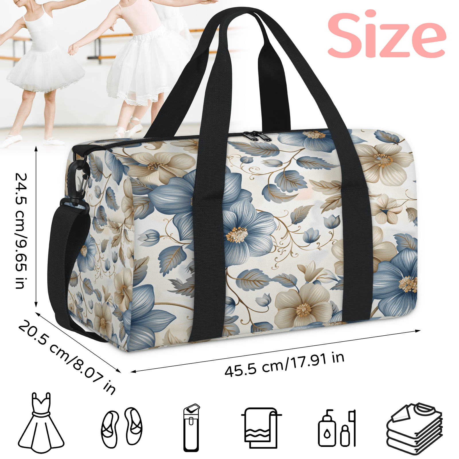 Herdesigns Boho Floral Gym Bag for Women, Duffle Bag for Travel Sport, Beige Blue Grey White Flower Lightweight Waterproof Carry on Weekender Dance Yoga Workout Bags