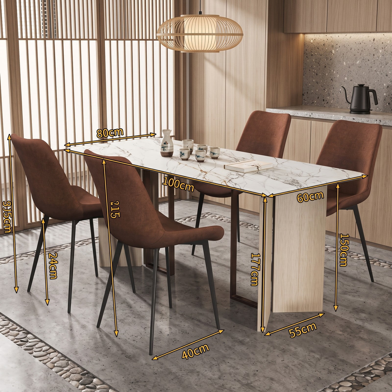Furnibear Set of 4 Upholstered Dining Chairs with Metal Legs, Faux Linen Padded Back Kitchen Side Chairs, Ergonomic Armless Accent Chairs for Dining Room Living, Brown
