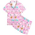 thumbnail image 2 of Girls Satin Pajamas Kids Girls Easter Cartoon Bunny Floral Printed Short Sleeve Button Down Sleepwear Outfits Toddler Pajamas Light Pink 2 Years-3 Years, 2 of 4
