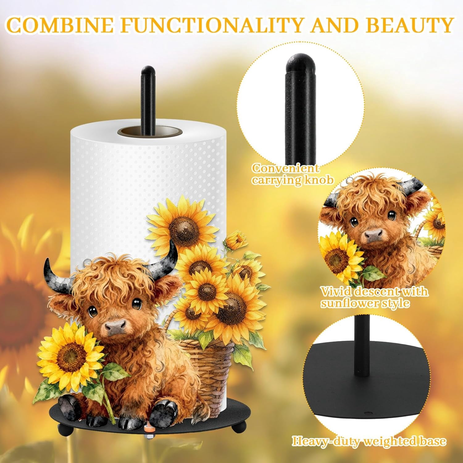 Highland Cow Paper Towel Holder Sunflower Highland Cow Metal Towel Stand Decoration Accessory for Holiday Party Home Kitchen Countertop