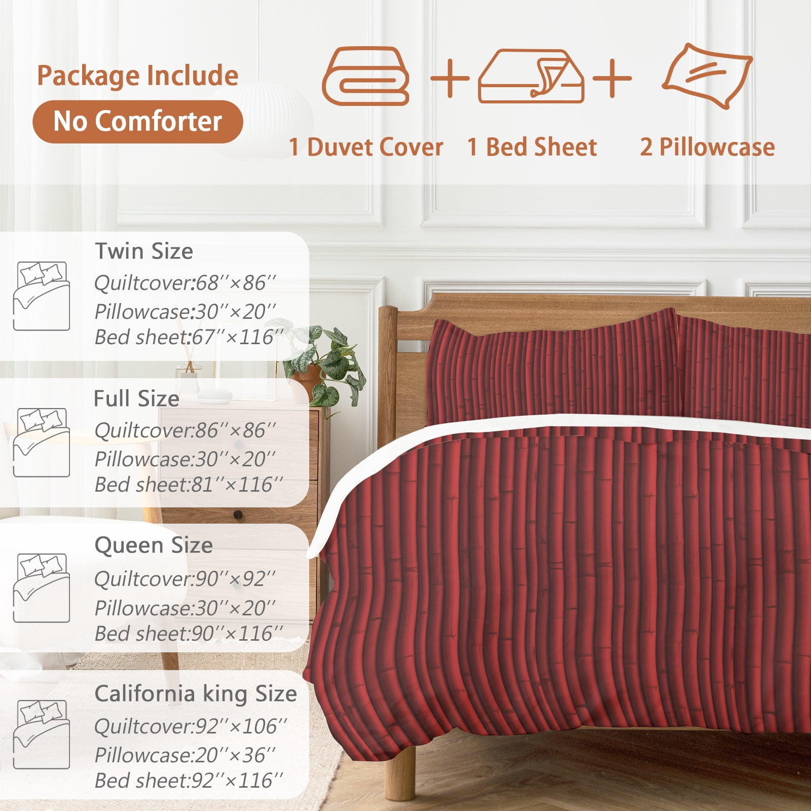 Red Bamboos Duvet Cover Set Queen Size, Natural Vintage Bamboos Tree Plant Image 4 Piece Soft Microfiber Bedding Set with Zipper Closure, 1 Comforter Cover, 1 Flat Sheet, 2 Pillowcases