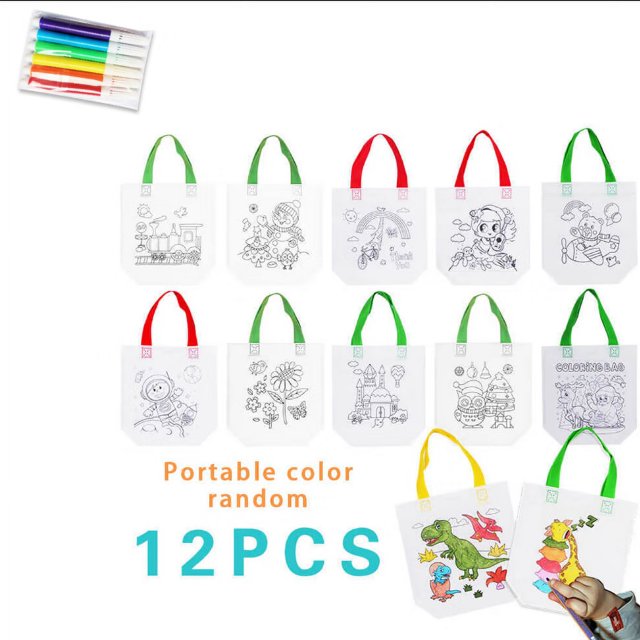 Juego de 6 Bolsas de Tela para Niños Bolsas de Graffiti DIY Bolsa de Pintura No Tejida con 12 Crayones Marcadores de Tiza - Ideal para Favores de Fiestas de Cumpleaños, Escuelas, Guarderías y Celebraciones JM