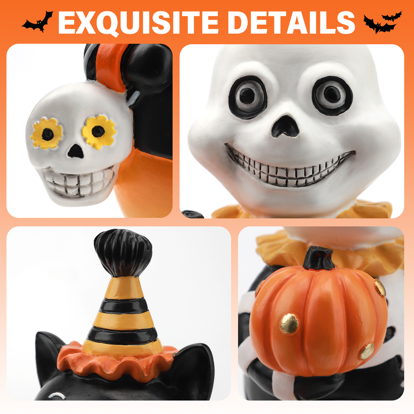 Ayieyill Halloween Cat and Skeleton Figurines Set, 2 Pc photo 2