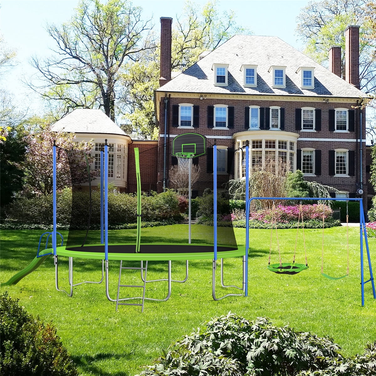 12FT Trampoline for Kids & Adults, Recreational Trampoline with Slide & Swing & Basketball Hoop & Enclosure Net, 600Lbs Capacity for 4-5 Kids