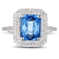 thumbnail image 2 of Designer 2 Carat 7x5mm Emerald Cut Blue Sapphire Moissanite Diamond Double Halo Engagement Ring in 10k White Gold for Women, 2 of 5