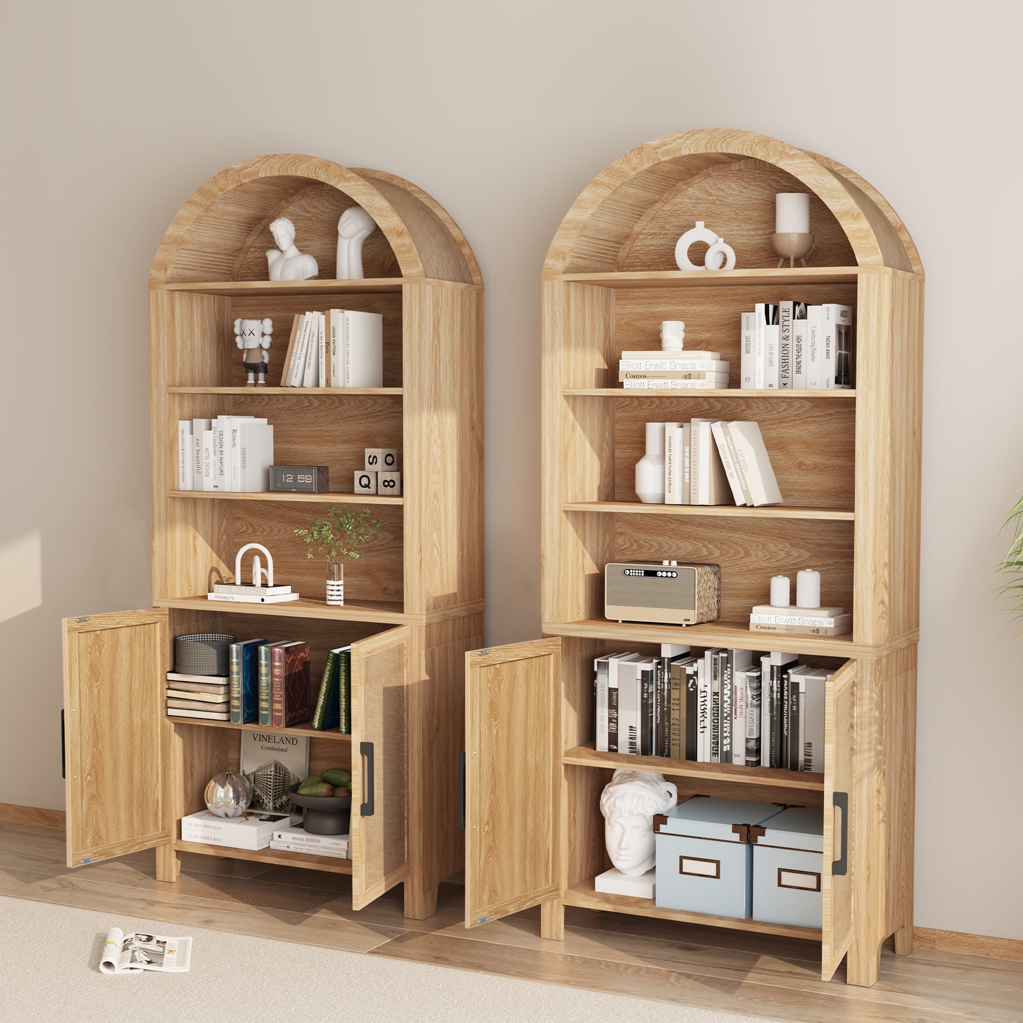 LEFHDA 2PCS 71" Tall Bookshelf, Arched Bookcase with Doors, Mid-Century Modern 6-Tier Bookshelf with Storage, Rattan Open Display Storage Shelf Bookshelf for Living Room Bedroom & Classroom(Oak)