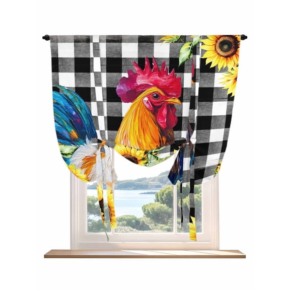 Farmhouse Rooster Tie Up Curtains for Windows 45 Inch Length Balloon Curtains Kitchen Adjustable Balloon Window Shade Black Plaid Botanical Sunflower Floral Tie Up Bathroom Curtain Window 34"x45"