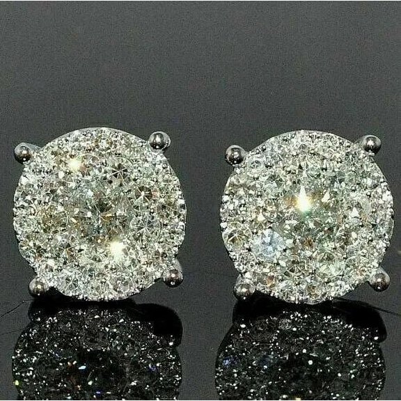 Women's Cluster Stud Earrings 1.50Ct Round Real Moissanite Cluster Stud Earrings Solid 14K White Gold Plated 925 Silver