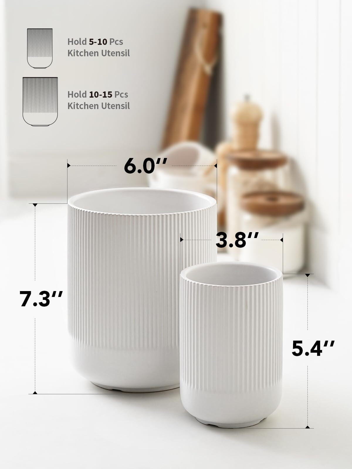 LE TAUCI Set of 2 Utensil Holder, 7.3"+5.4" Ceramic Crocks for Kitchen, Cooking Organizer & Plant Pots, White Kitchen Organizer