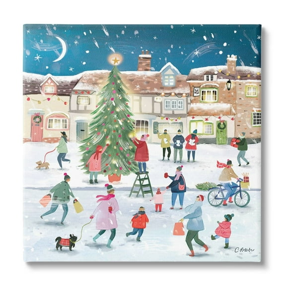 Stupell Industries Christmas Tree Town Scene Holiday Painting Gallery Wrapped Canvas Print Wall Art