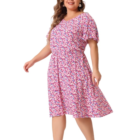 DARING DIVA Plus Size V Neck Flare Sleeve Peplum Midi Ruffle Dress 1X Dark Pink