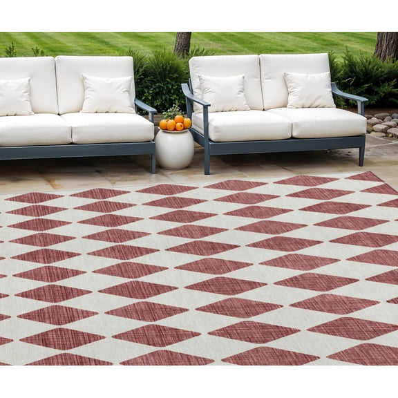 9' X 12' Burgundy Geometric Washable Indoor Outdoor Area Rug