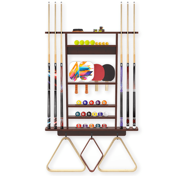 Pool Cue Rack, 2-in-1 Pool Stick & Ping Pong Paddle Holder, 100% Solid Pine Wood Wall Mount Holds Billiards and Table Tennis Accessories for Man Cave/Billiard/Game /Bar Room
