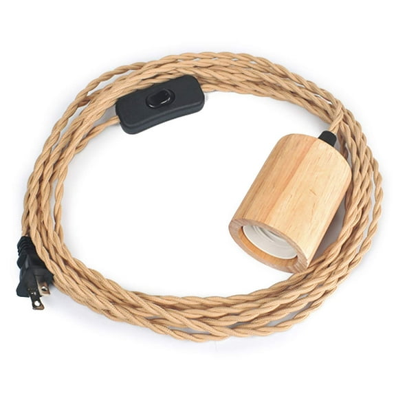 Wood Pendant Light Cord Kit with Switch,16.4FT Vintage Industrial Hanging Light Plug in Lamp Cord with Twisted Nylon Rope Pendant Lights Socket E26 E27 for Farmhouse Lamp Cable Retro DIY