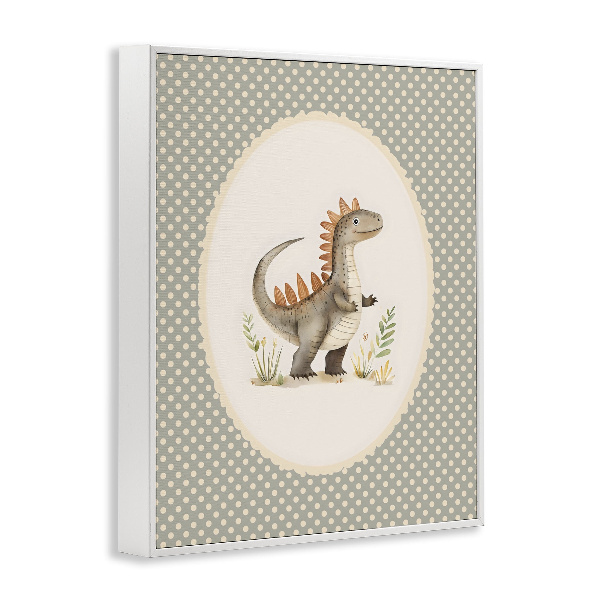 Stupell Industries Watercolor Dinosaur Polka Dot Border White Framed Giclee Art, design by LSR Design Studio