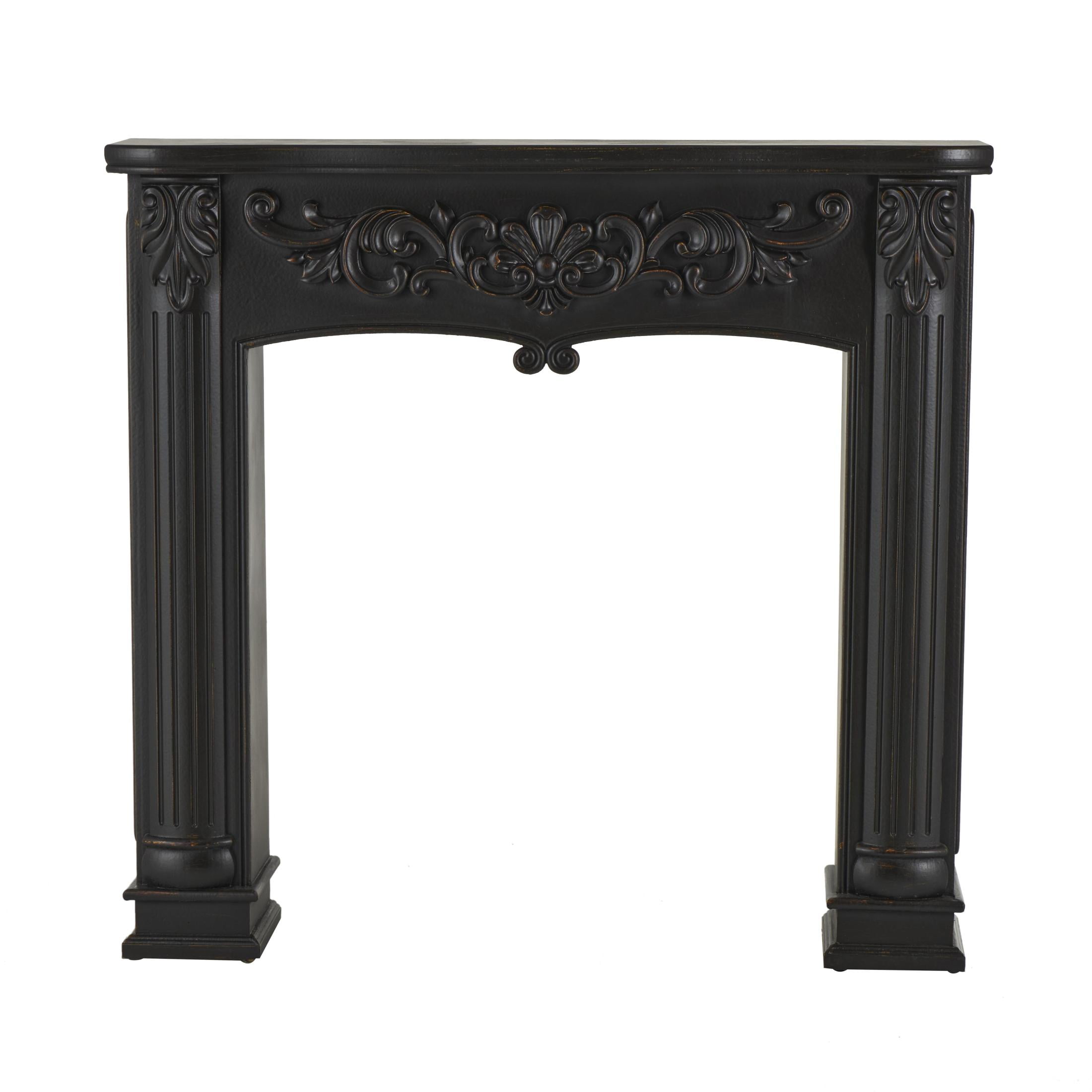 DecMode 45" x 43" Wooden Black Freestanding Scroll Surround Fireplace Mantle with Floral Accents