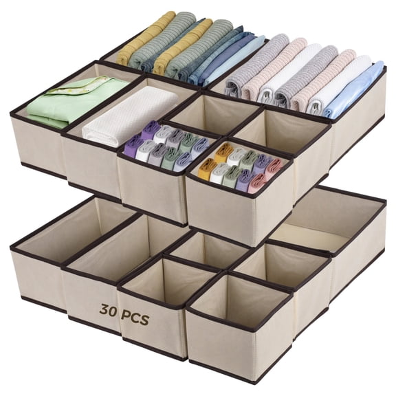 30 PCS Clothes Dresser Drawer Organizers, Closet Wardrobe Organizers Storage Dividers, Clothing Foldable Clothes Box Fabric Container Drawers for Bras Socks Underwear
