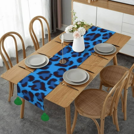

Leopard Skin Animal Print Table Runner Imitation Linen Table Runner With Green Tassels For Party And Dining Room 14 x 60