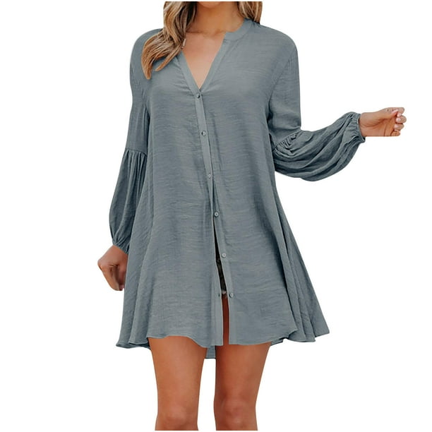 Women s Button Down Shirt Dresses V Neck Solid Color Long Sleeve Dress Casual Loose Comfy A Line Fall Mini Dress