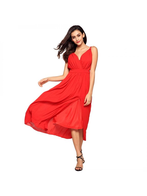 Women Sexy Chiffon Deep V-Neck High Waist Side Split Maxi Dress BETT