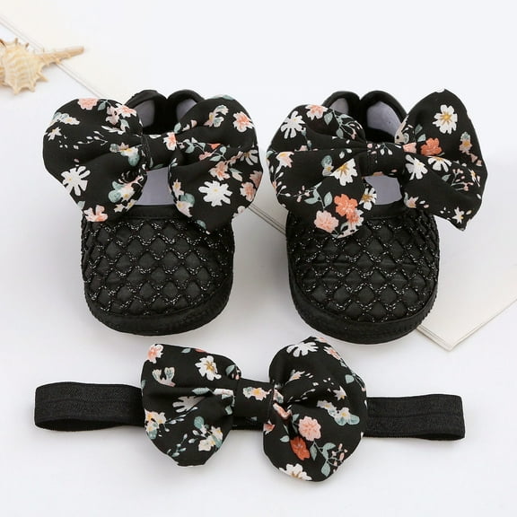SJLDQY Baby Shoes 0 To 1 Year Old Hair Band Set Cute Bow Princess 3 5 7 9 Months Soft Soled Walking Sneaker