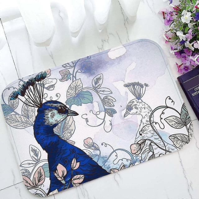 Felpudo elegante con estampado floral de pavo real para interiores, exteriores y baños, 40x60 cm.