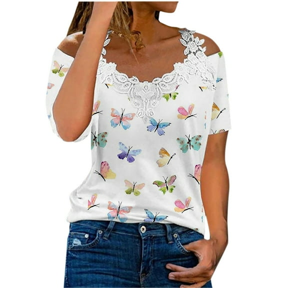 Jophufed Women's Tee T-Shirts Casual Off The Shoulder Lace Regular Fit Short Sleeve Tops V-Neck Shirt Blouse Gifts
