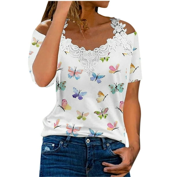 CZHJS Short Sleeve Cold Shoulder Tees Summer Tunic Loose Fitting Lace ...