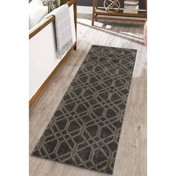 BNM Modern Lattice Indoor Runner Rug, 2' 7" x 8', Black