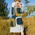 thumbnail image 5 of Abstract Navy Gold Shapes Art Flare Dress Square Neck Dress Elegant Female Fashion Printed Dress, 5 of 9