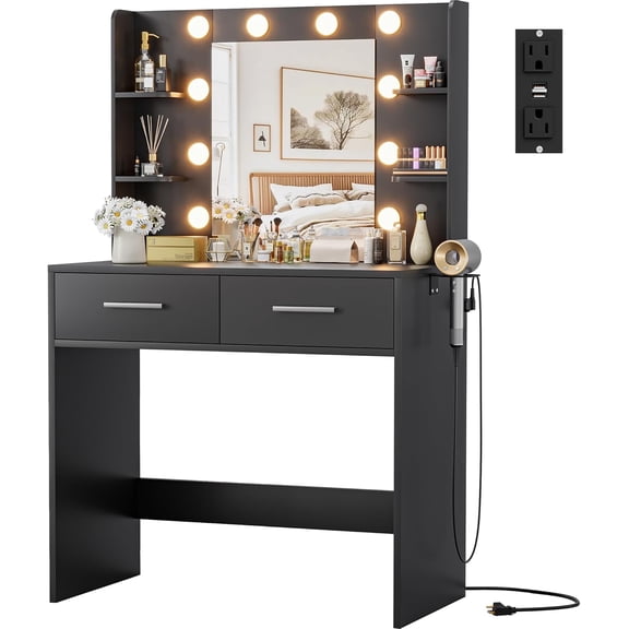 JUMMICO Makeup Vanity Desk with Mirror and Lights Power Outlet, Vanity Table Makeup Desk 2 Drawers, 6 Storage Shelves Hairdryer Holder Dressing Table for Bedroom (Black, No Bench)
