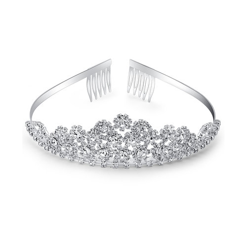 Crystal Glass Silver-Tone Tiara with Rhinestone Floral Clusters ...