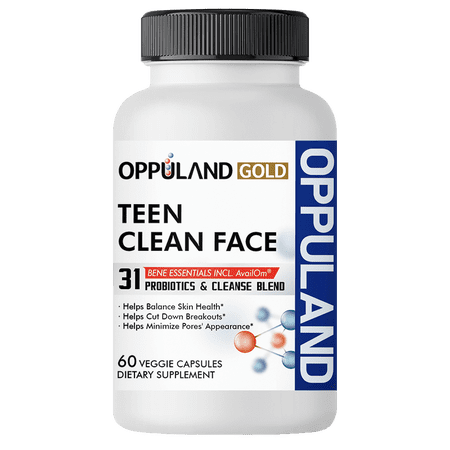Oppuland Gold Teen Clean Face – 31 Bene Essentials with Probiotics & Cleanse Blend – Helps Reduce Breakouts & Minimize Pores – Skin Health Support for Teens – 60 Veggie Capsules