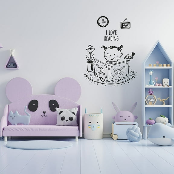 I Love Reading - Little Girl Reading Silhouette Reading Hobby Activity Reading Books Vinyl Wall Art Sticker Wall Decal Home Reading Corner Library Wall Décoration Design Wall Décor Size (30x22 inch)