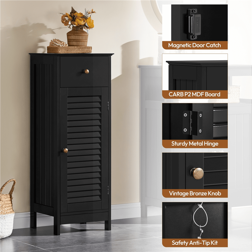 Alden Design 34.5″ H Narrow Bathroom Storage Cabinet with Drawer, Black