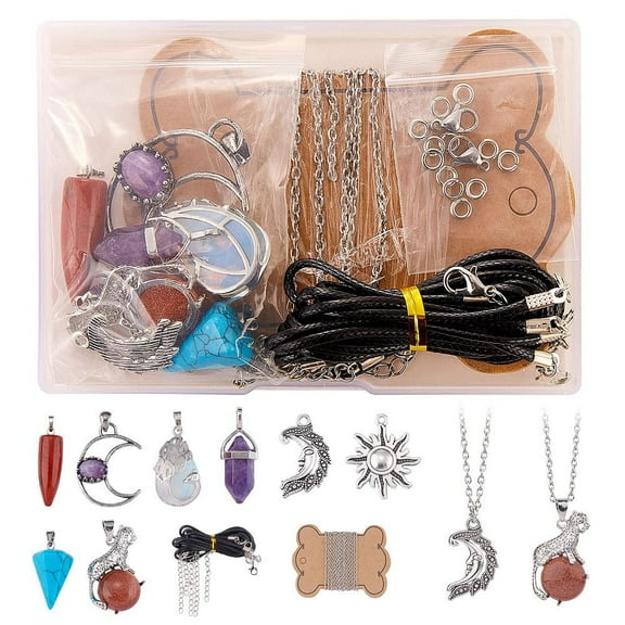 1bag Necklace Making Kit Including & Mixed Stone Pendants with Alloy Findings Bullet & Cone & Moon & Star Iron Cable Chains Imitation Leather Cord