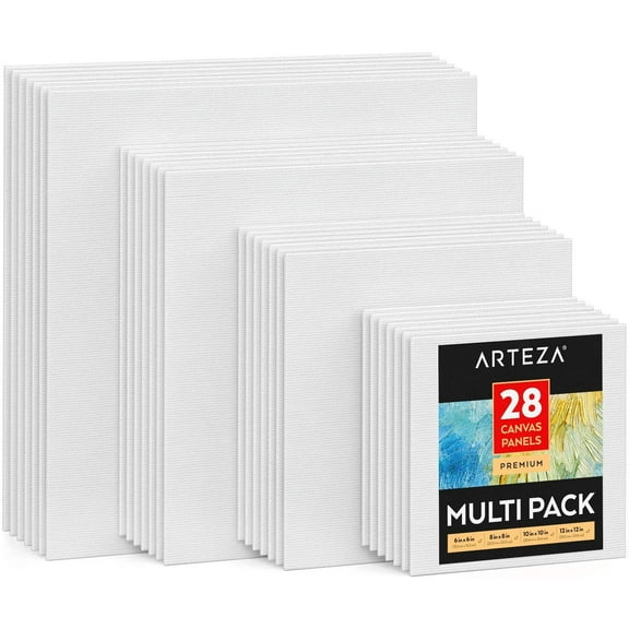 Arteza Premium Canvas Panels, White, Square, Multi Value Pack Multiple Sizes, Blank Canvas Boards for Painting - 28 Pack