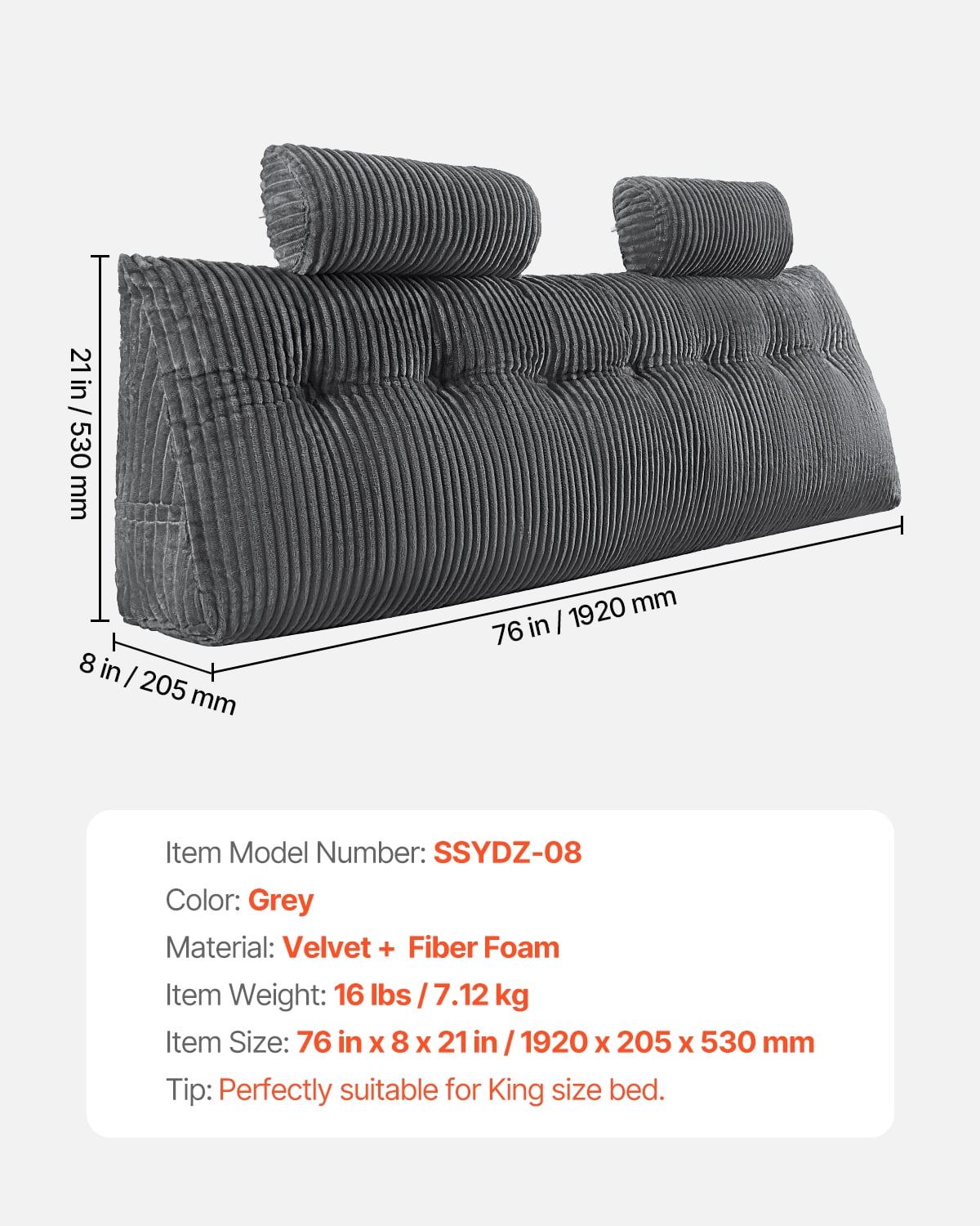 VEVOR Headboard Pillow, King Size Wedge Headboard Pillow with 2 Side Pockets and 2 Headrests, Bed Wedge Pillow for Reading, Gaming, Resting, Working in Bed, Grey