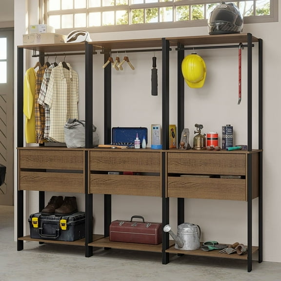 Madesa Garage Storage Cabinet 6-Drawer Tool Organizer with Hanging Space 82" - Black/Brown