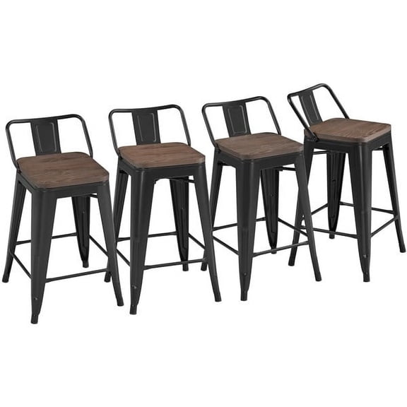 4PCS Metal Bar Stools Low Back Counter Height Stools Stackable Bar Chairs for Indoor Outdoor Kitchen Dining Patio Black,30 inch