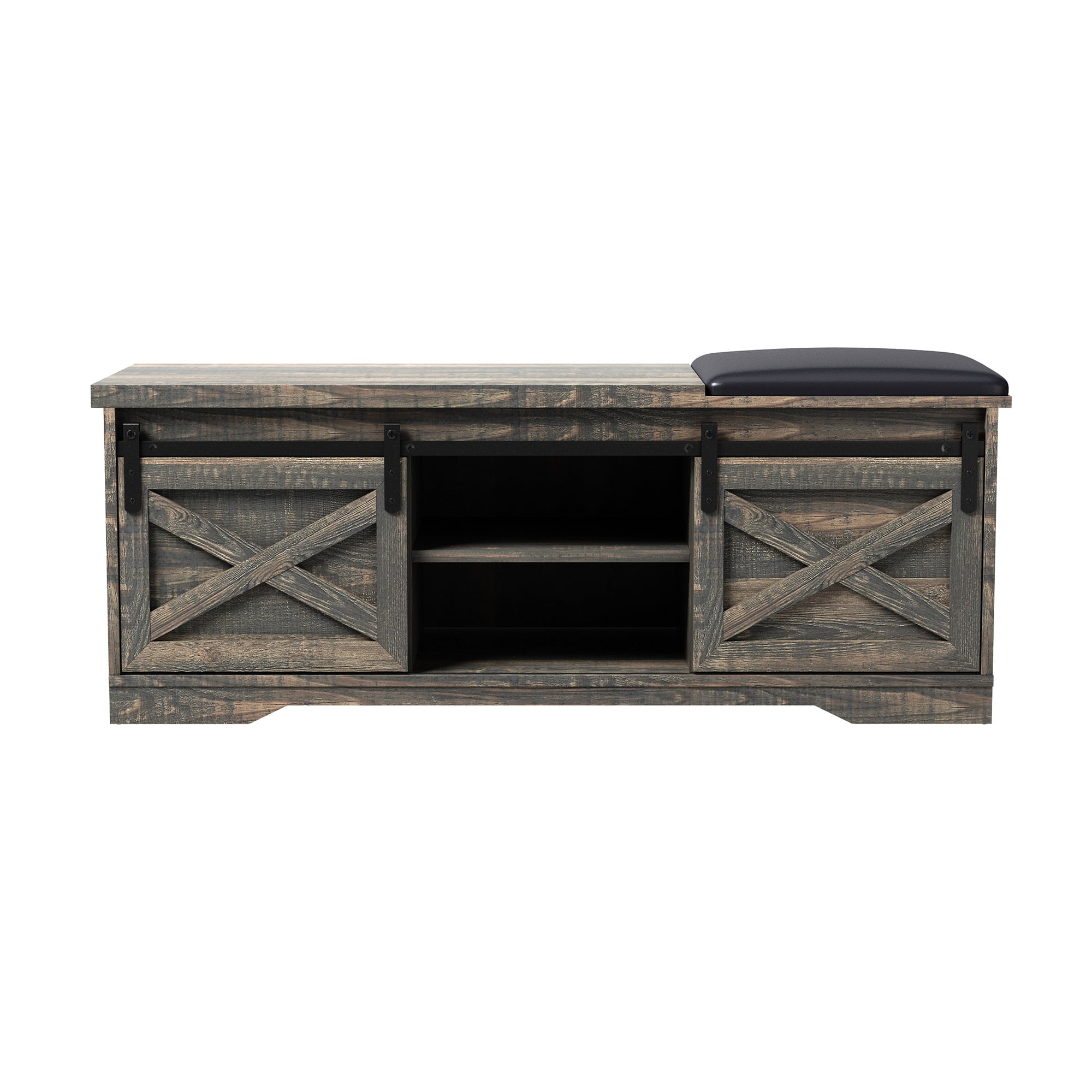 Kepooman Modern Farmhouse Sliding X Barn Door Litterbox Bench with Entry Cutout for Living Room, Old Pine Shoe Bench Kepooman Modern Farmhouse Sliding X Barn Door Litterbox Bench with Entry Cutout for Living Room, Old Pine Shoe Bench