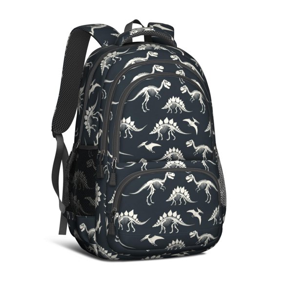 Dinosaur and Skeleton Navy Blue Pattern Cute School Backpack Bag with Padded Back and Adjustable Shoulder Straps 16.9 X 12.6 X 5.9 Inches