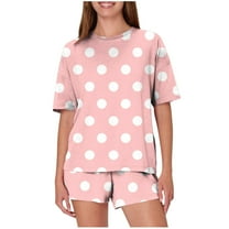 Viluyesy Round Neck T-Shirt and Shorts 2PC for Women Printed Tops Elastic Waist Short Pants Sets Relaxed Shirt and Shorts Sets Two PC Pink Size S