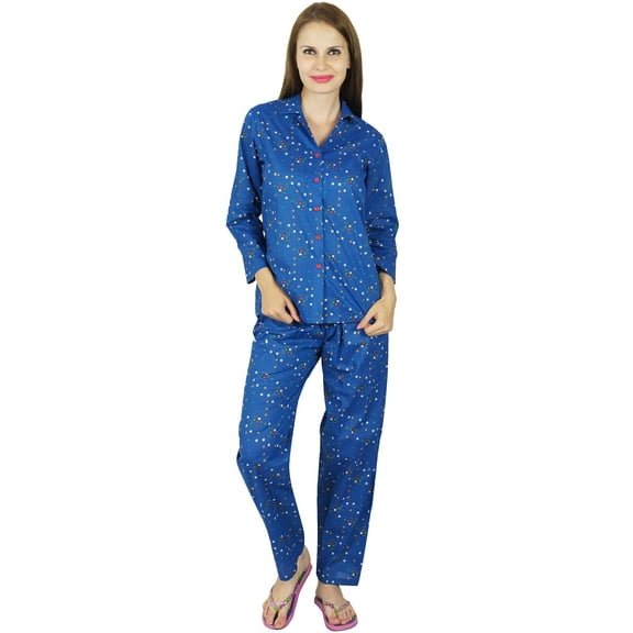Bimba Women Blue Cotton Night Wear Printed Pajama Set Full Sleeve Shirt with Pyjamas