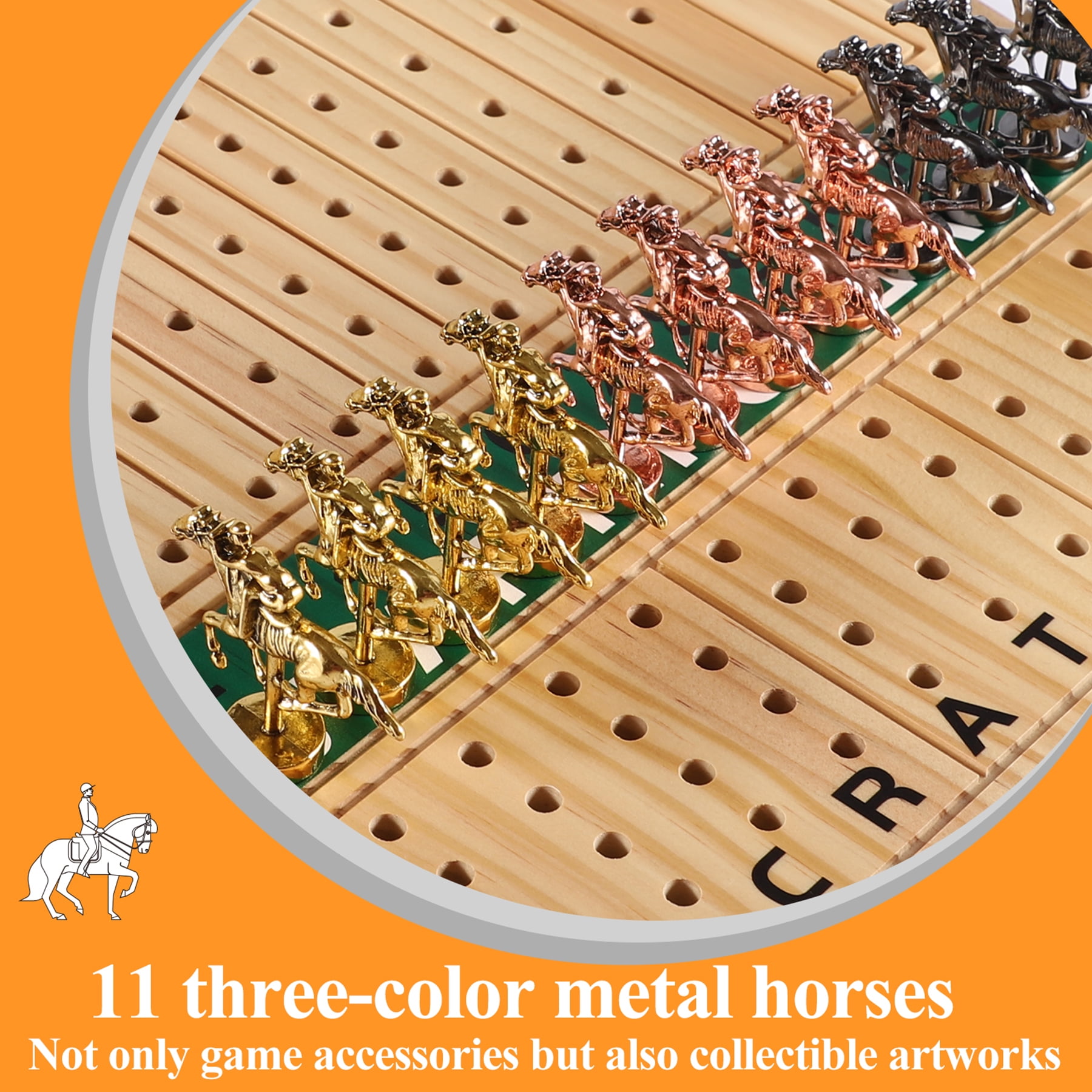 Grhonior Horse Race Board Game Dice Game Rectangle Thickened Solid Wood with 11 Metal Horses and 4 Dice 15.6 x 10 x 0.6 Inch