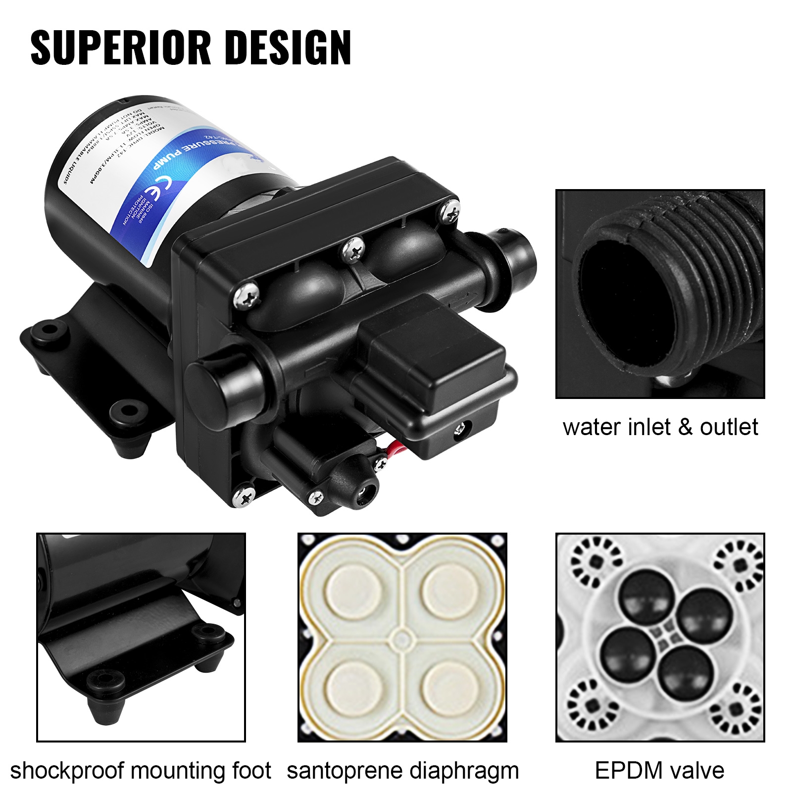 VEVOR 12V Pressure Water Pump, Self Priming Sprayer Pump with 3 GPM, 55 PSI Diaphragm Pump