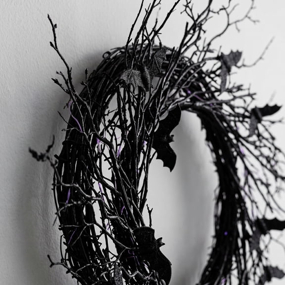 Bcylexb Halloween Black Twig Wreaths for Front Door, 22.4" Spooky Door Wreaths Dry Branch Black Leaves Gothic Decor for Wall Window Porch Home